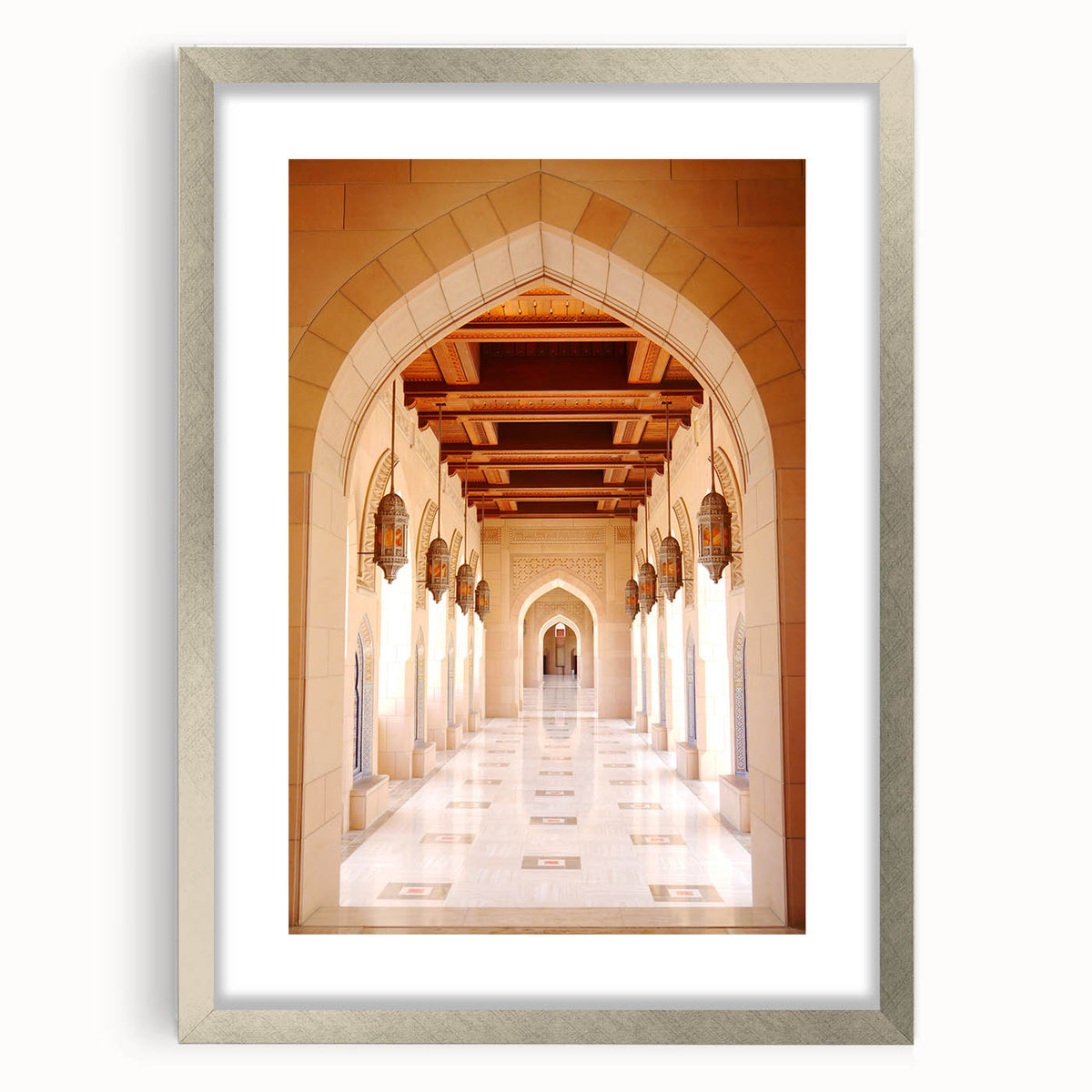 Textured abstract art print of Middle Eastern scenery in muted earth tones, framed in silver, ideal for bedroom art.