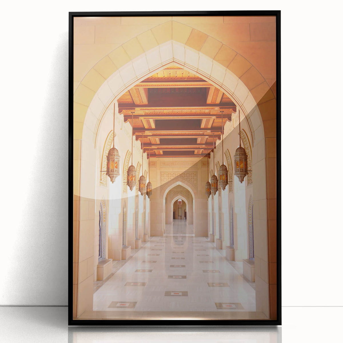 Large abstract wall art depicting a Middle Eastern Oman scenery in muted earth tones, framed in black acrylic.