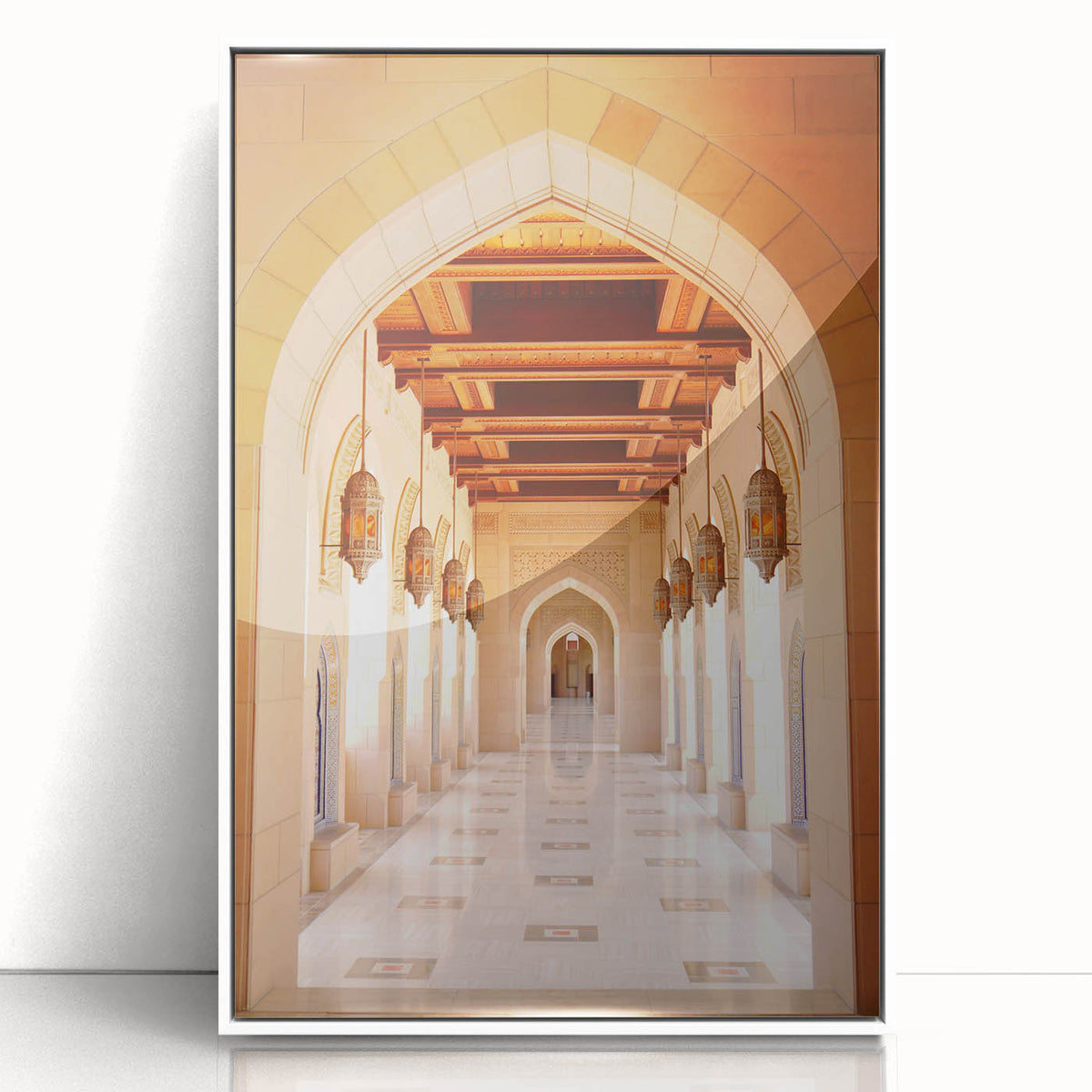 Art Deco poster of a Middle Eastern scenery in Oman, rendered on white-framed acrylic, ideal for modern art wall decor.