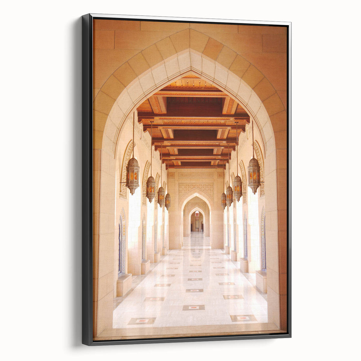 Black and white wall art featuring a vintage poster-style landscape of Oman on a framed canvas, ideal for bedroom decor.
