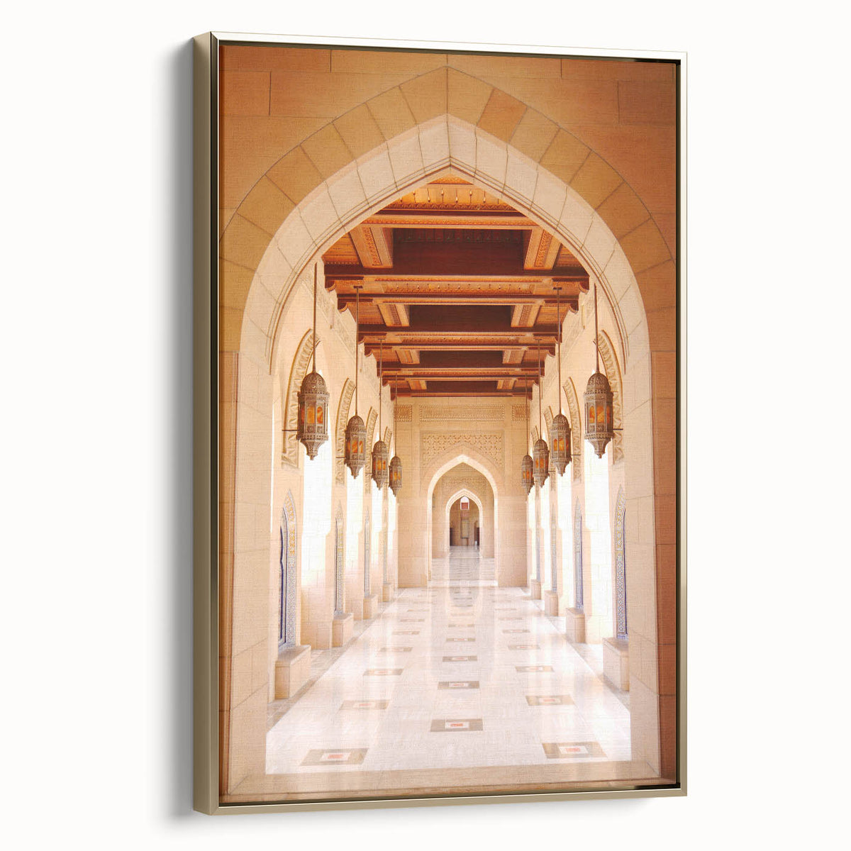 Framed canvas depicting a serene Oman landscape in muted gold and black tones, suitable for bedroom wall decor.