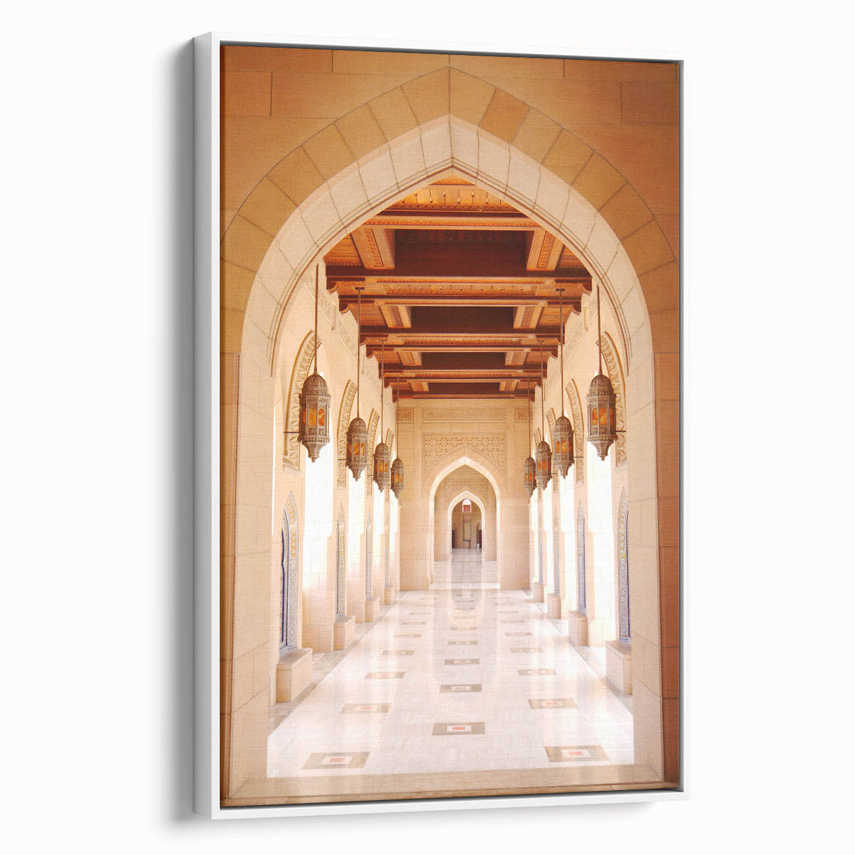 Vintage poster art of a Middle Eastern scenery in Oman on framed canvas, featuring vibrant colors.