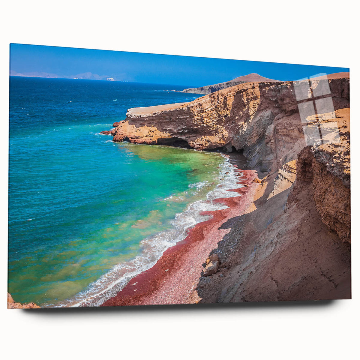 Large abstract wall art depicting a South American scenery in muted earth tones on acrylic glass.