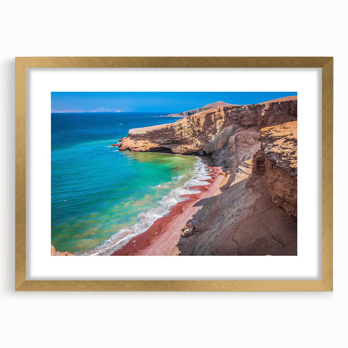 Extra large abstract art print featuring textured layers in earth tones, set in a gold frame with mat.