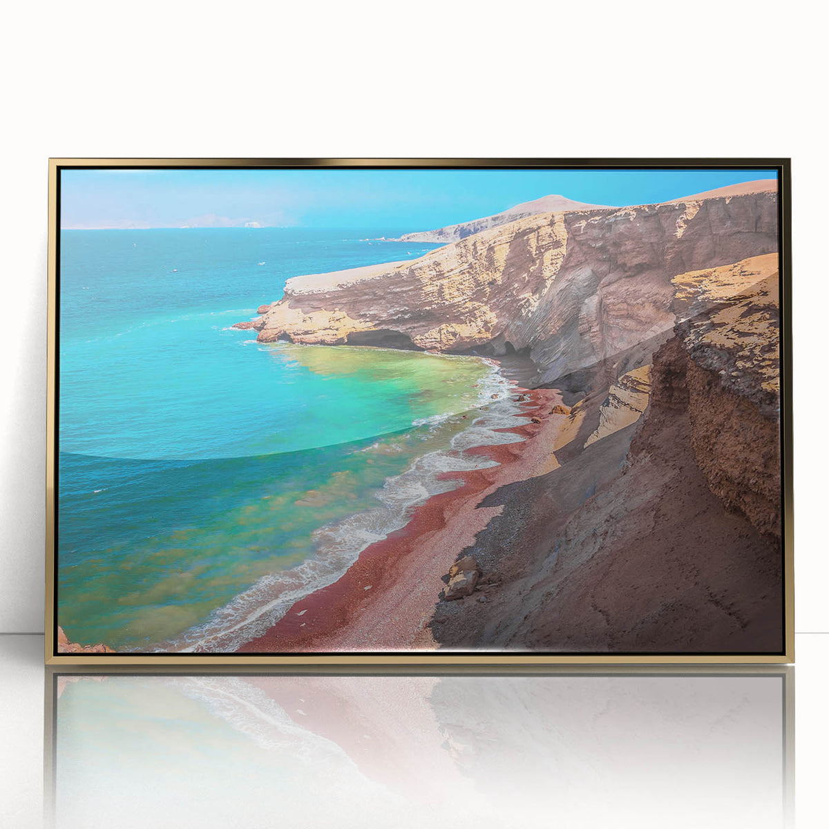 Large art print of a South American Peruvian landscape in muted earth tones, framed in gold acrylic.