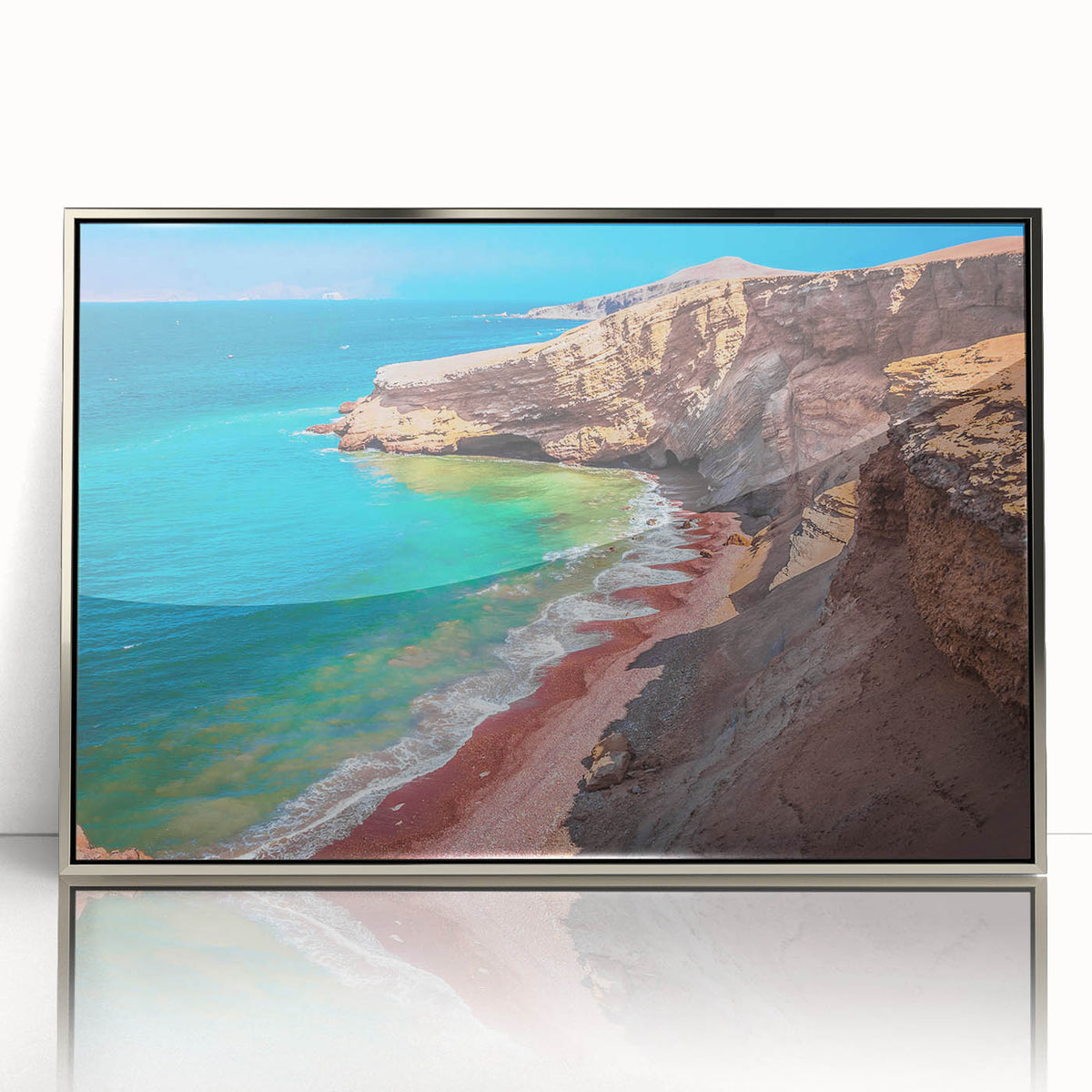 Mid-century modernist art depicting a serene Peruvian landscape in soft earth tones, framed in silver acrylic.
