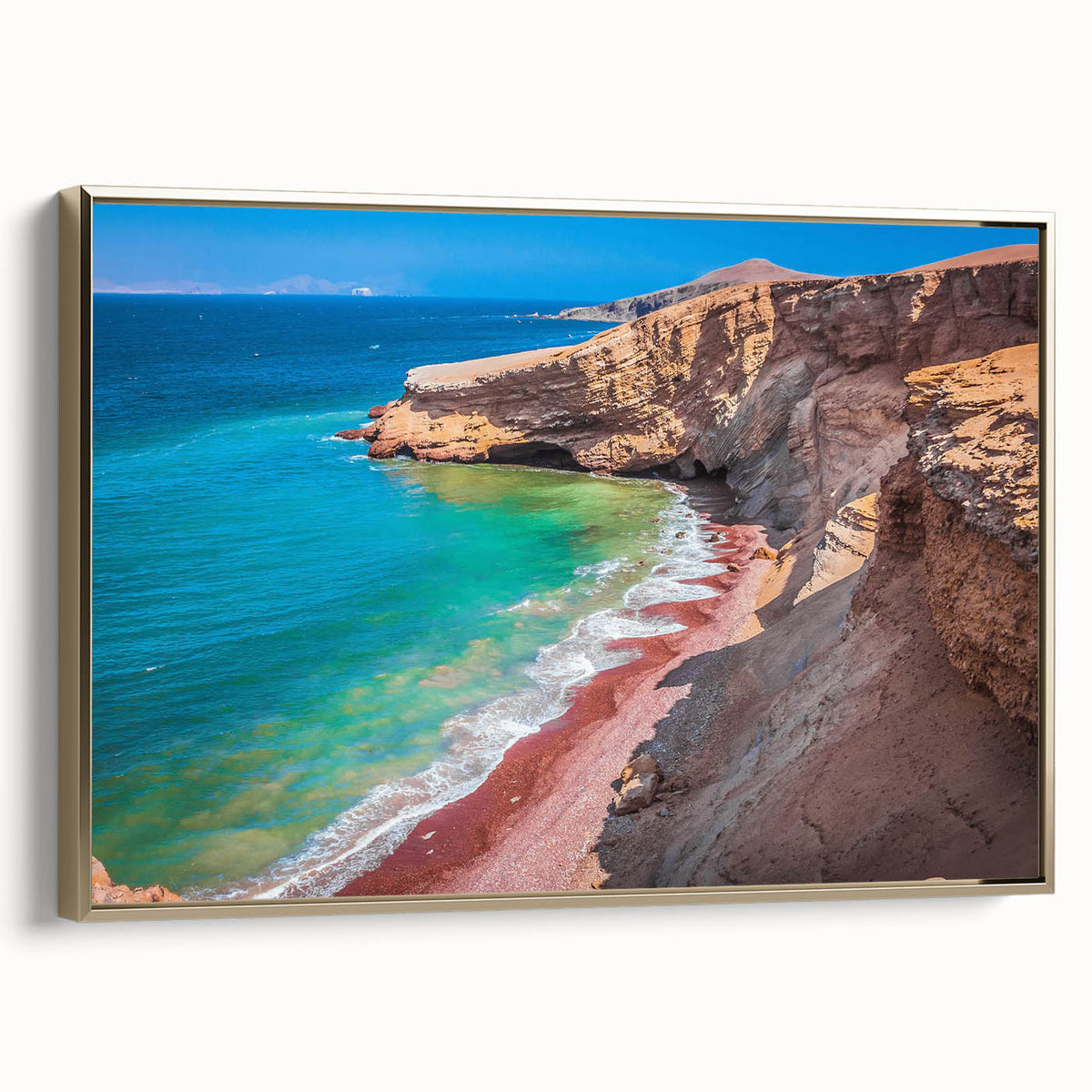 Framed canvas featuring a vintage-style landscape painting of a Peruvian scenery in muted earth tones.