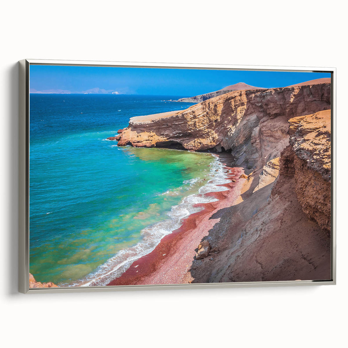 Framed canvas depicting a vintage-style landscape of a Peruvian scenery, featuring vibrant earth tones.