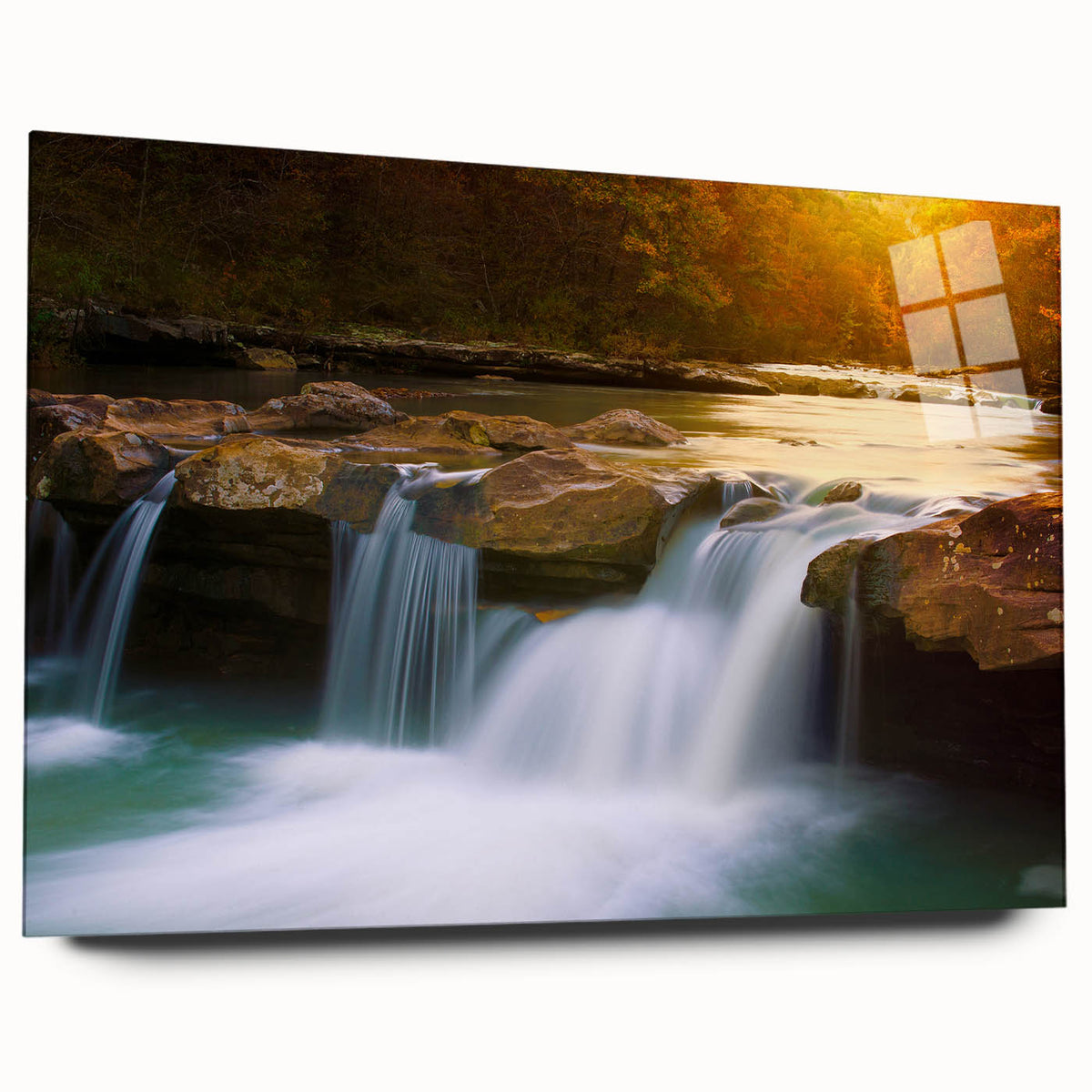 Large abstract wall art of Arkansas scenery in muted earth tones on acrylic glass, ideal for bedroom or dining room decor.