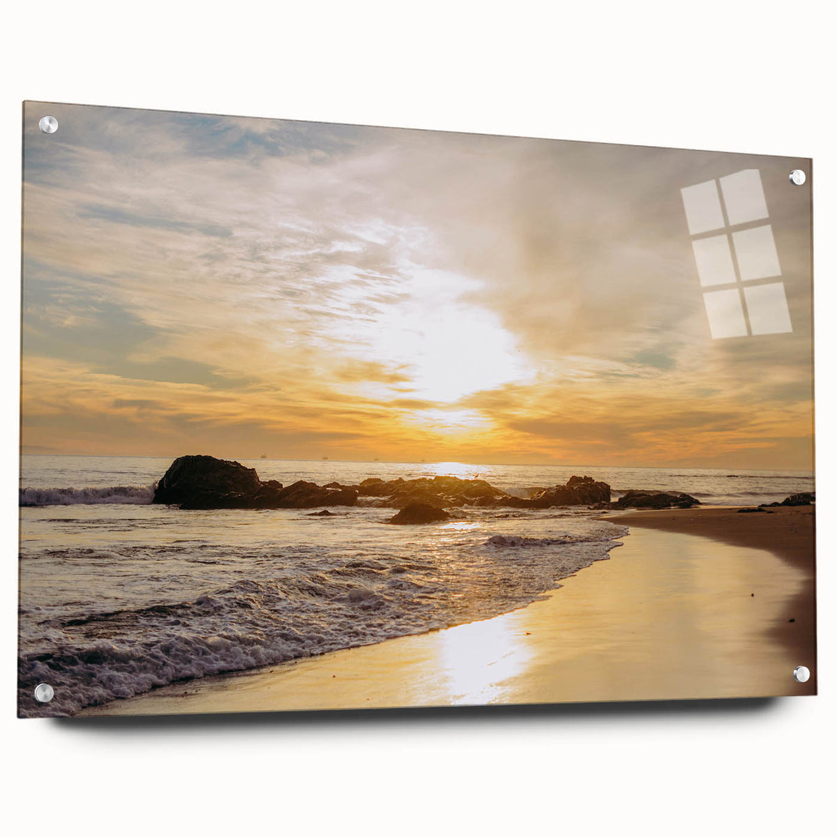 Acrylic print of a large abstract depiction of Santa Barbara, featuring muted earth tones, ideal for dining room decor.