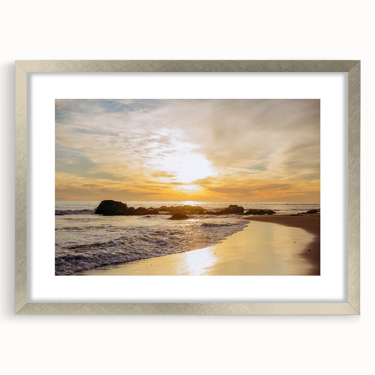Textured abstract art print of Santa Barbara scenery in muted earth tones on a framed canvas, suitable for bedroom decor.