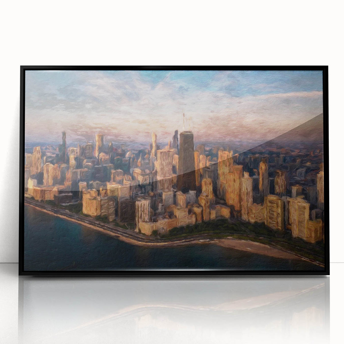 Large abstract wall art depicting the Chicago skyline in muted black and gray tones on a framed acrylic print.