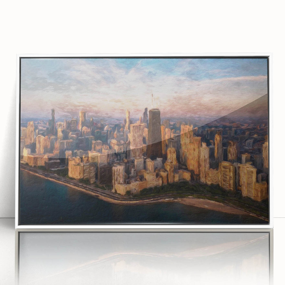 Art deco poster of Chicago skyline in muted gray and blue tones, framed acrylic, suitable for modern nursery wall art.