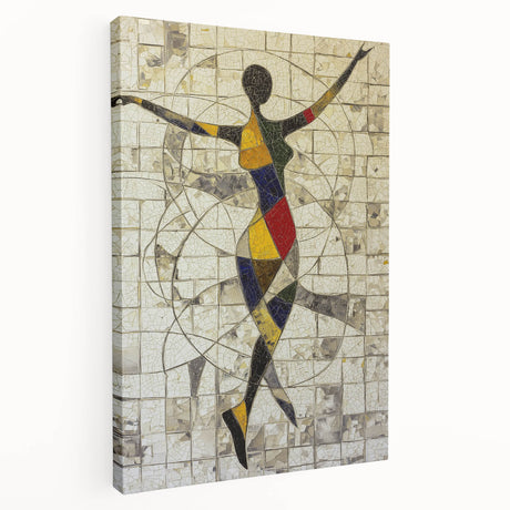 Abstract figurative stretched canvas art showcasing vibrant colors and dynamic shapes, perfect for modern home decor. Side view highlights the textured edges and craftsmanship.