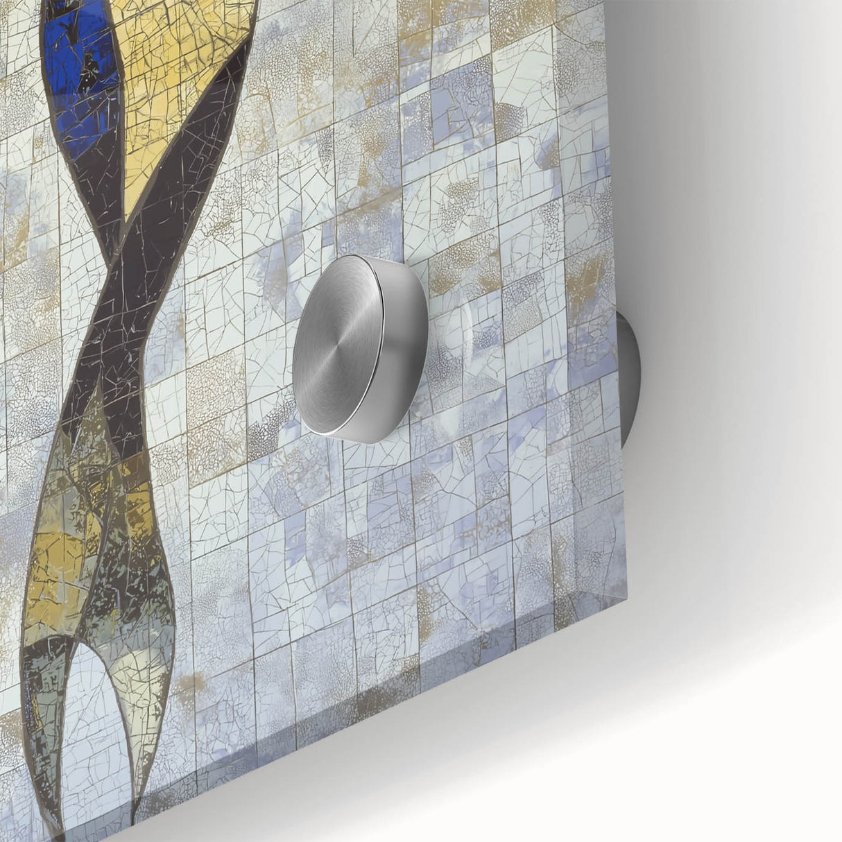 Close-up view of an abstract figurative acrylic glass artwork featuring vivid colors and intricate details, perfect for modern home decor and artistic expression.