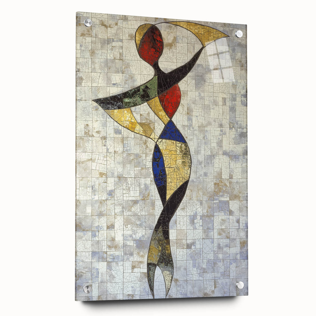 Abstract figurative acrylic artwork displayed in a glass frame, showcasing vibrant colors and intricate pin details from a side view, ideal for modern decor.