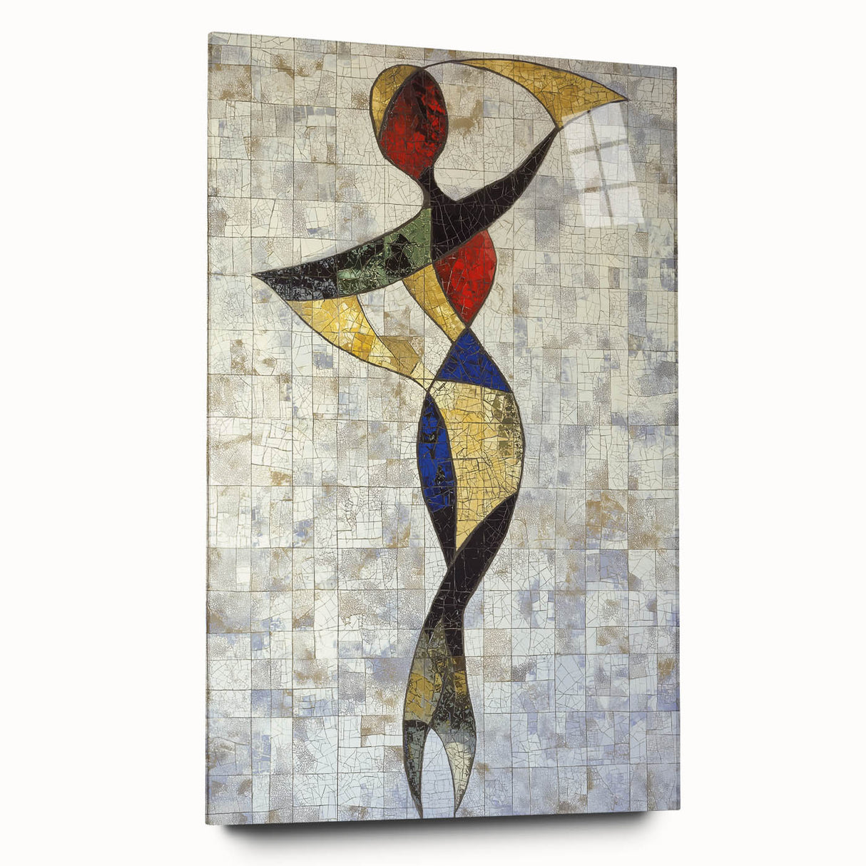 Abstract figurative acrylic artwork displayed in glass, showcasing vibrant colors and fluid shapes. Side view highlights the sleek design, perfect for modern decor.