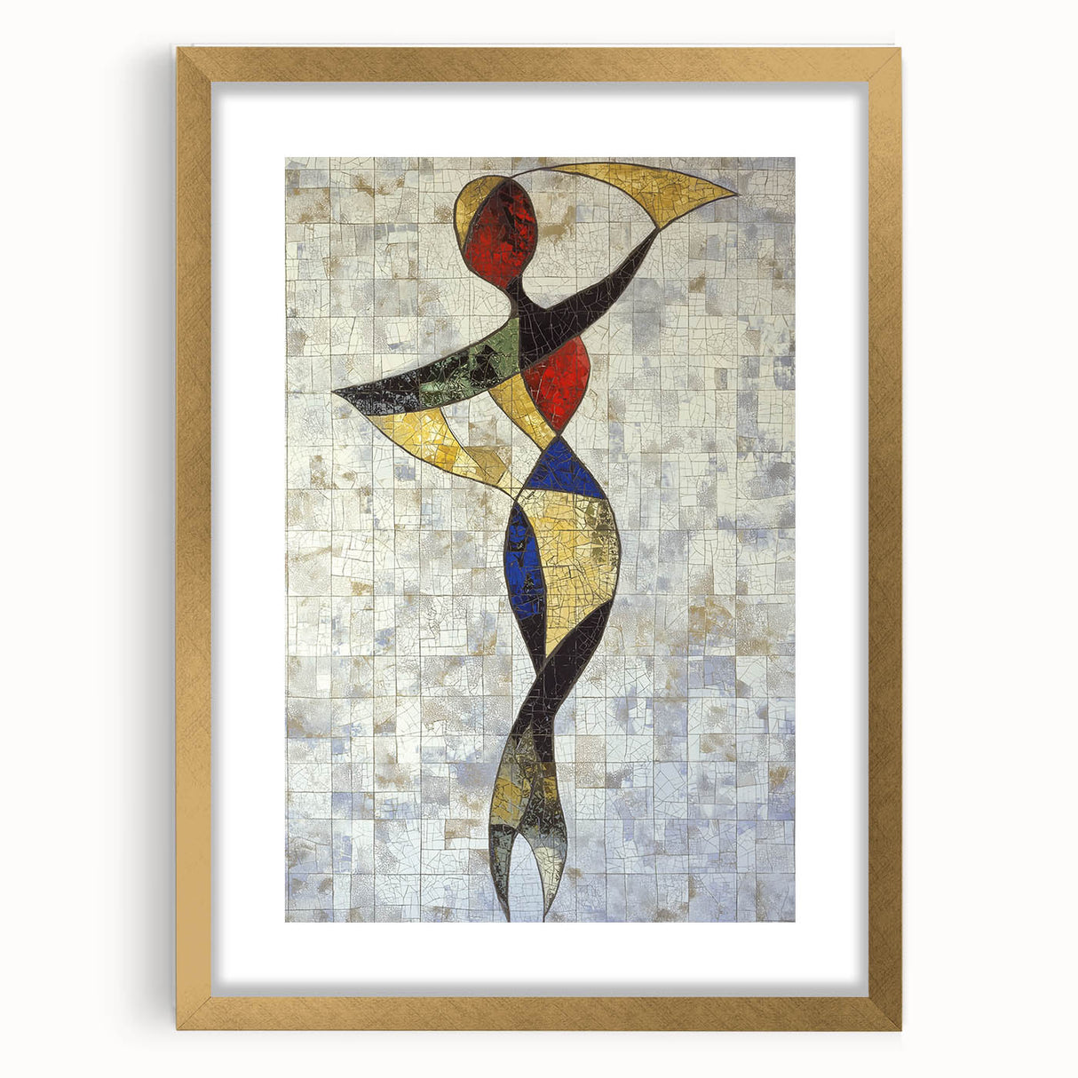 Abstract figurative art frame featuring a gold mat, showcasing intricate designs in a modern style, ideal for enhancing contemporary home decor.