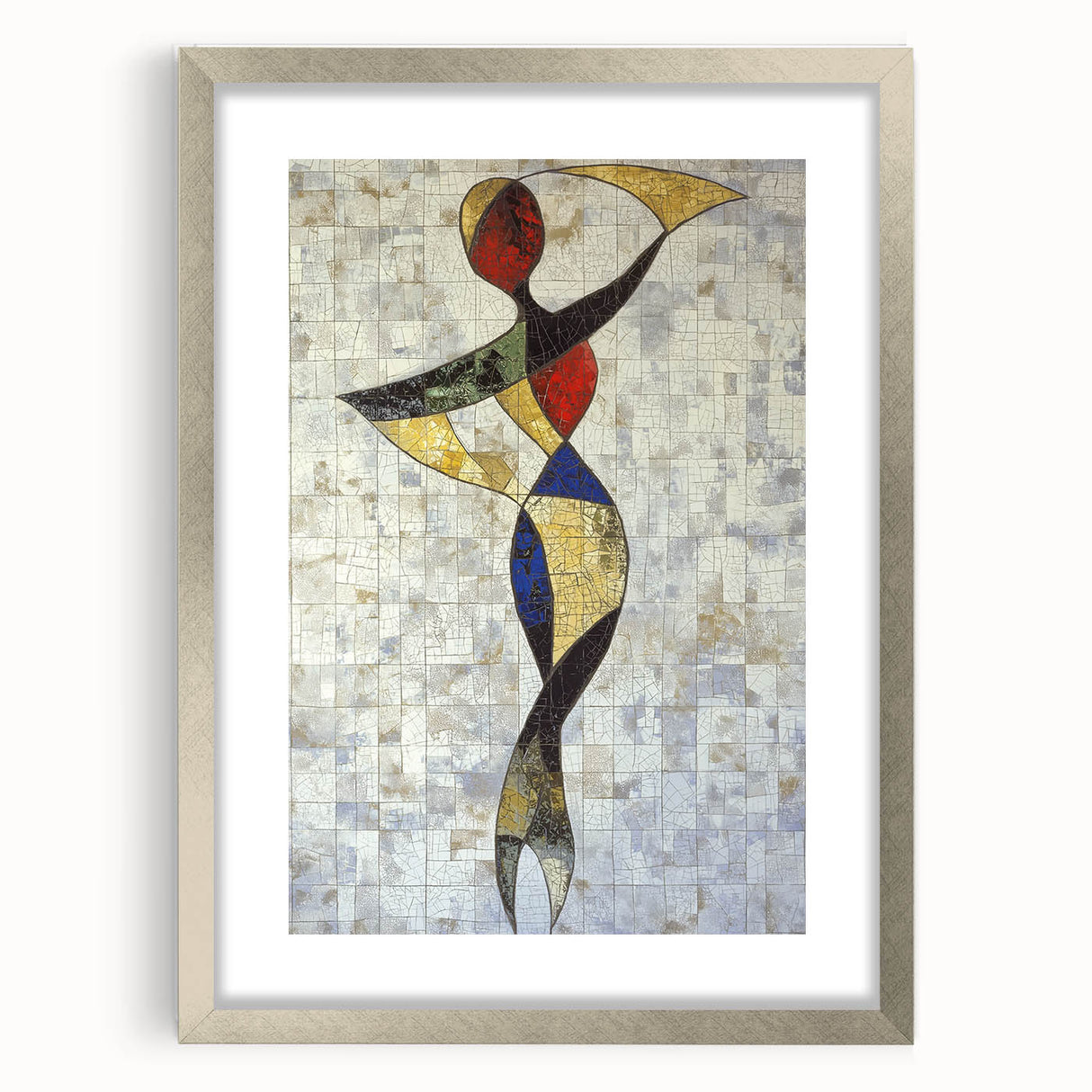Abstract figurative artwork framed in silver with a matte finish, showcasing intricate designs ideal for modern home decor, viewed from the front.