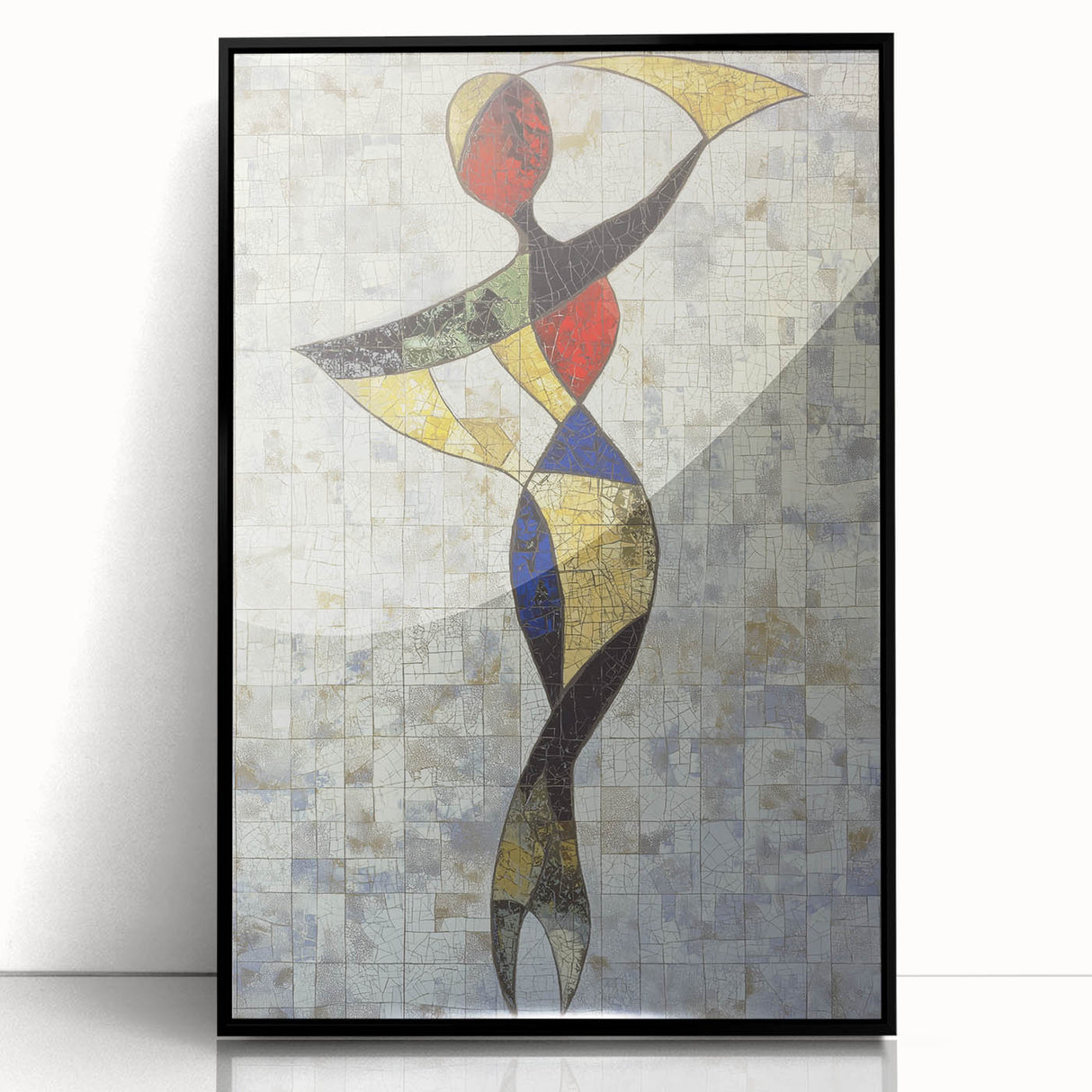 Abstract figurative art piece in a sleek black frame, showcasing vibrant colors and dynamic shapes, ideal for modern home decor or artistic display.