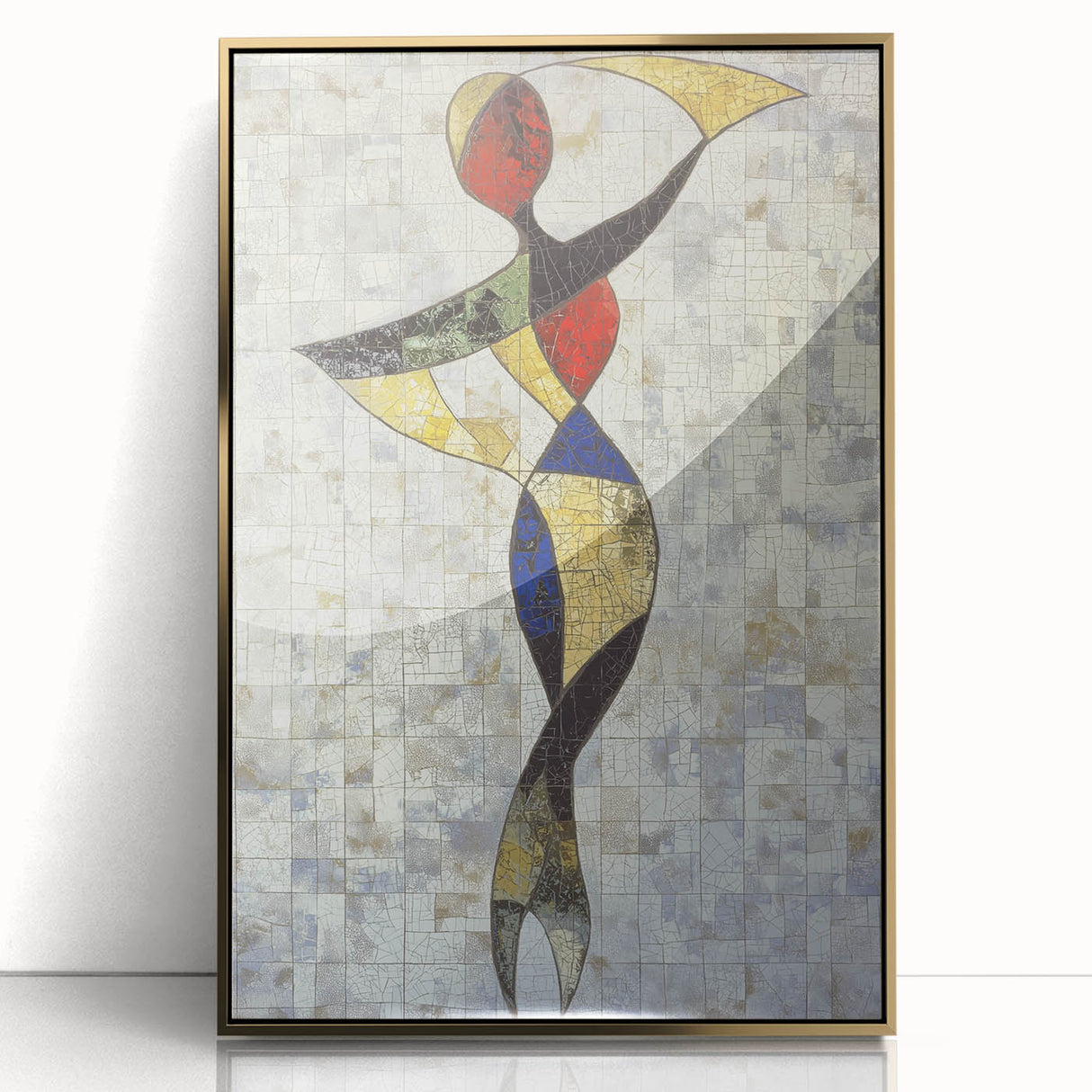 Framed acrylic artwork titled "Design 151" featuring abstract figurative shapes in warm gold tones, elegantly displayed against a simple background, perfect for modern home decor.