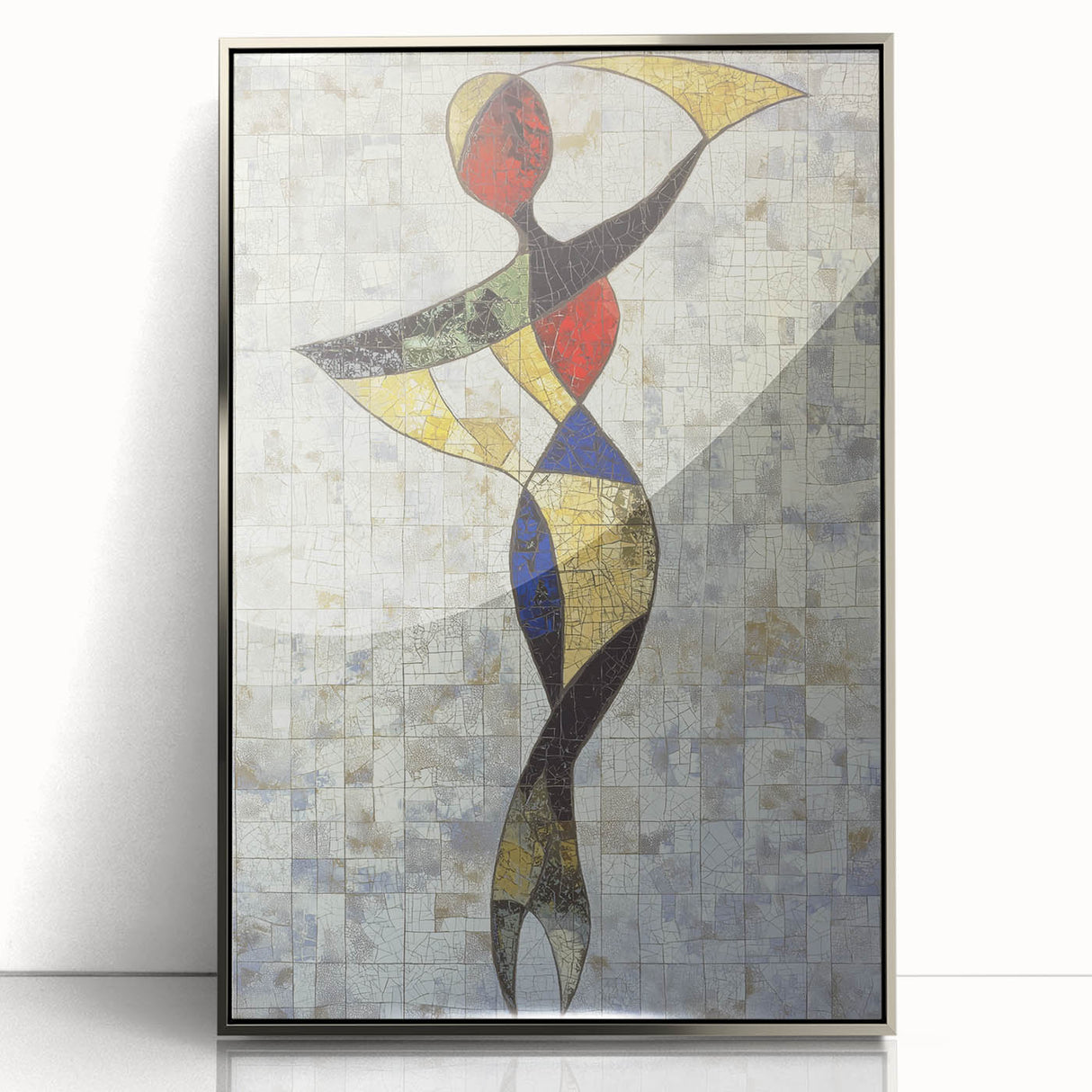 Abstract figurative artwork in a sleek silver frame, showcasing vibrant colors and dynamic shapes, perfect for modern home decor or art enthusiasts.