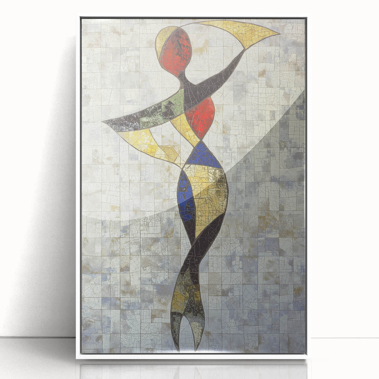 Framed abstract figurative artwork in white acrylic, showcasing colorful geometric shapes and fluid lines, ideal for modern home decor and artistic spaces.