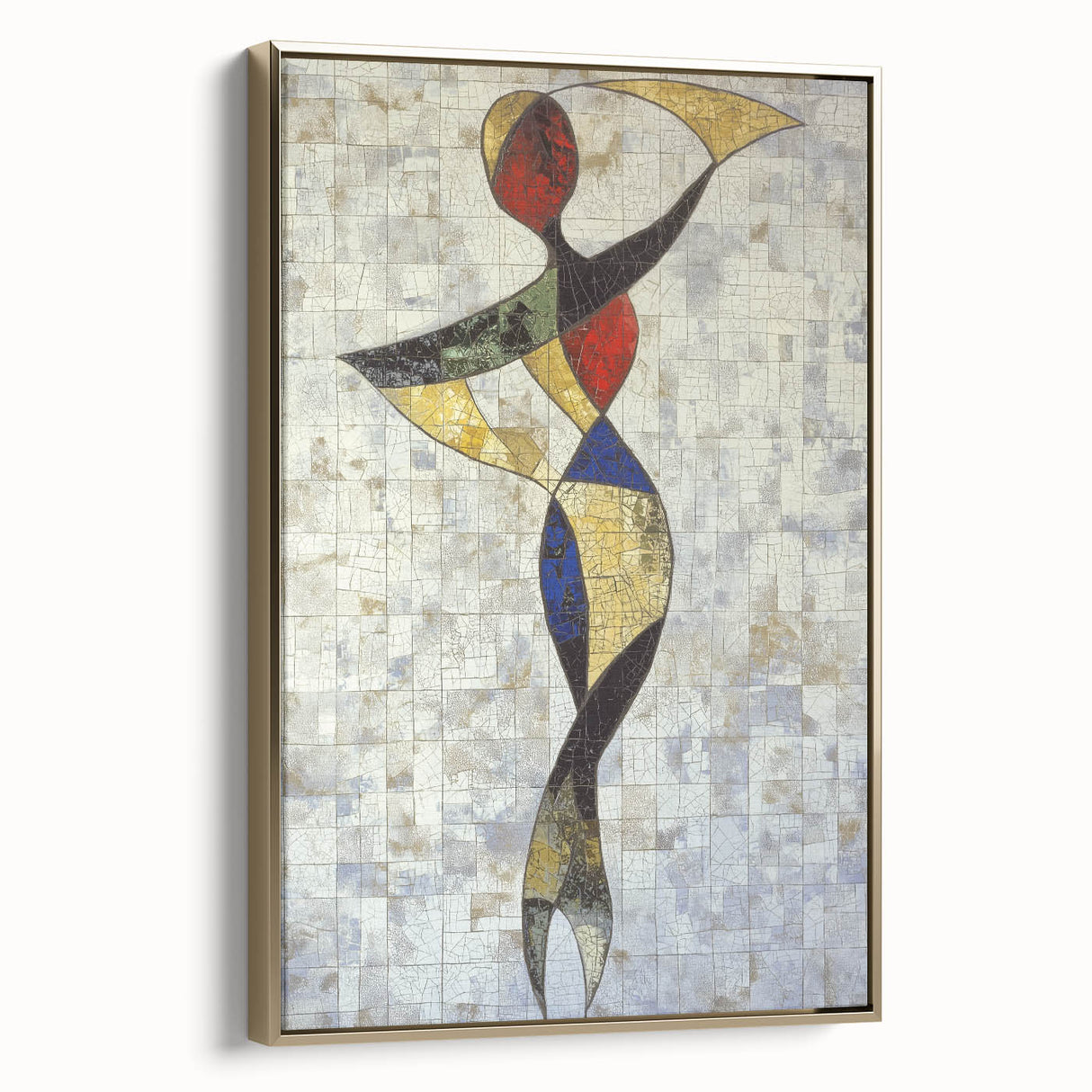 Framed abstract figurative canvas art in gold tones, showcasing modern design elements with a side view highlighting its elegant finish and texture, perfect for contemporary decor.