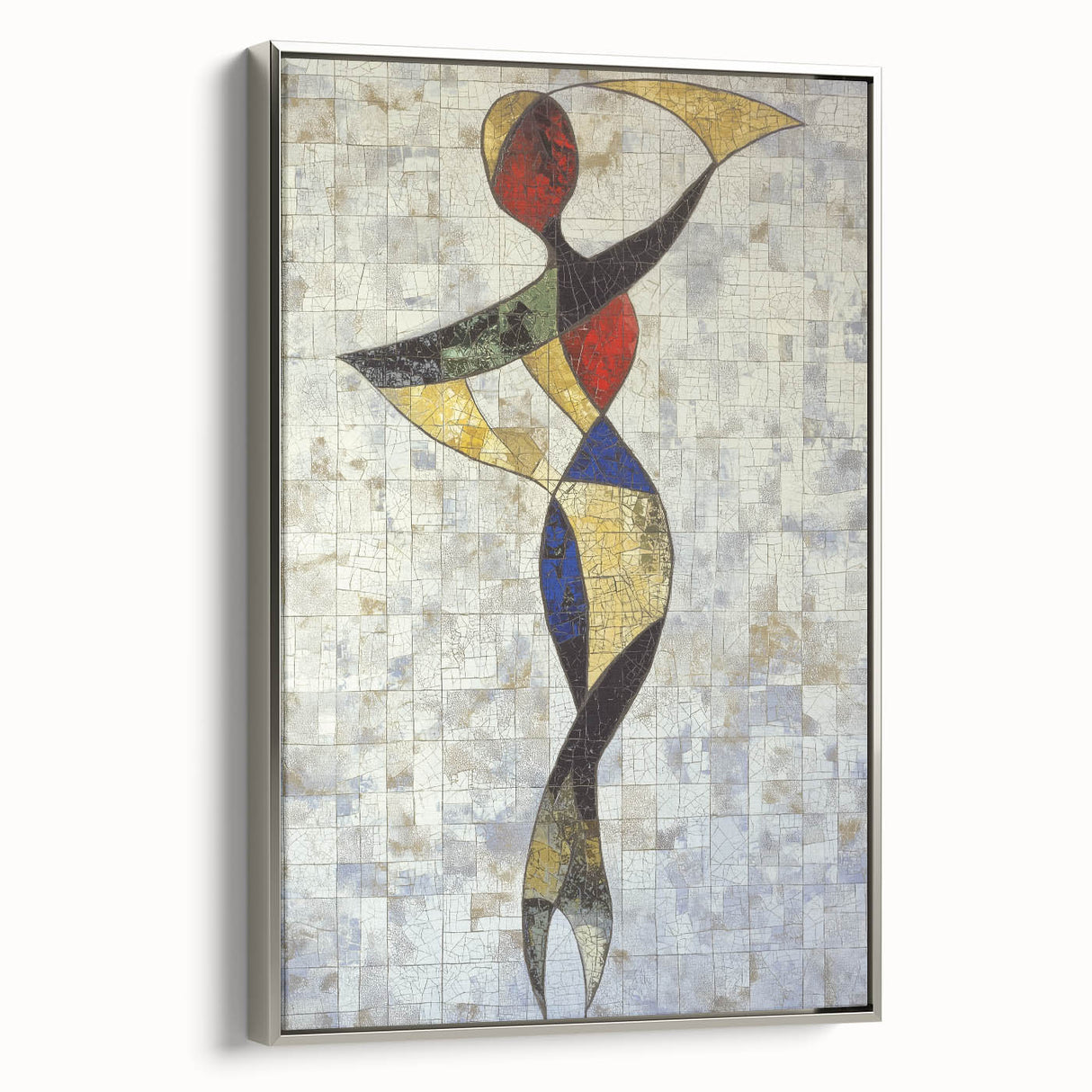 Framed abstract figurative canvas art with a silver frame, showcasing fluid shapes and a modern design, perfect for contemporary interior decor.