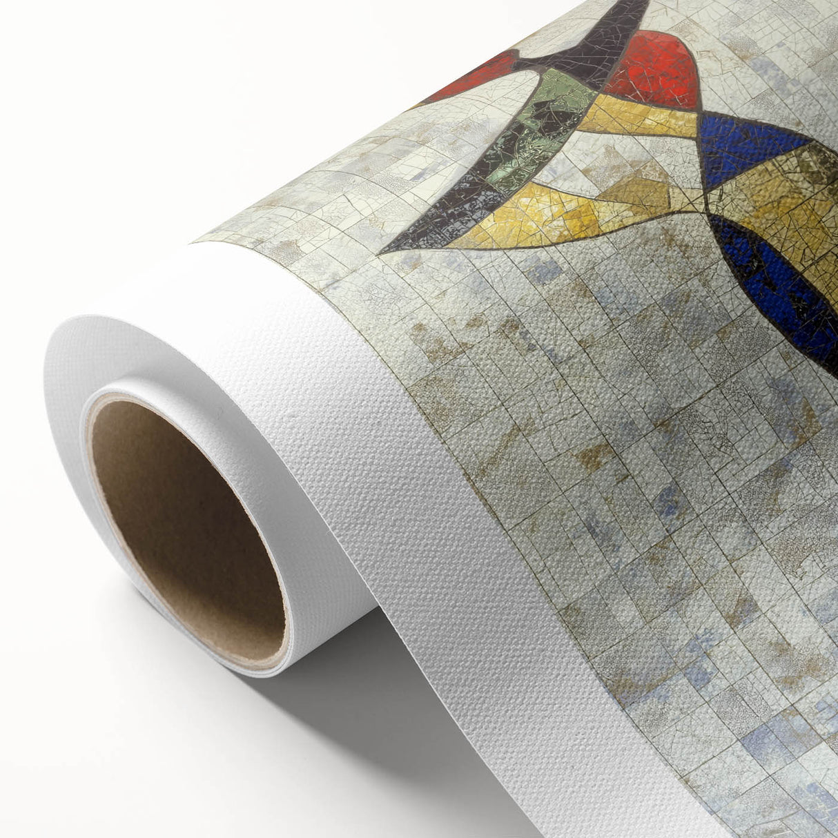 Abstract figurative artwork on a rolled canvas showcasing vibrant colors and dynamic shapes, elegantly packaged in a protective cardboard tube for safe delivery. Perfect for adding a contemporary touch to any room.