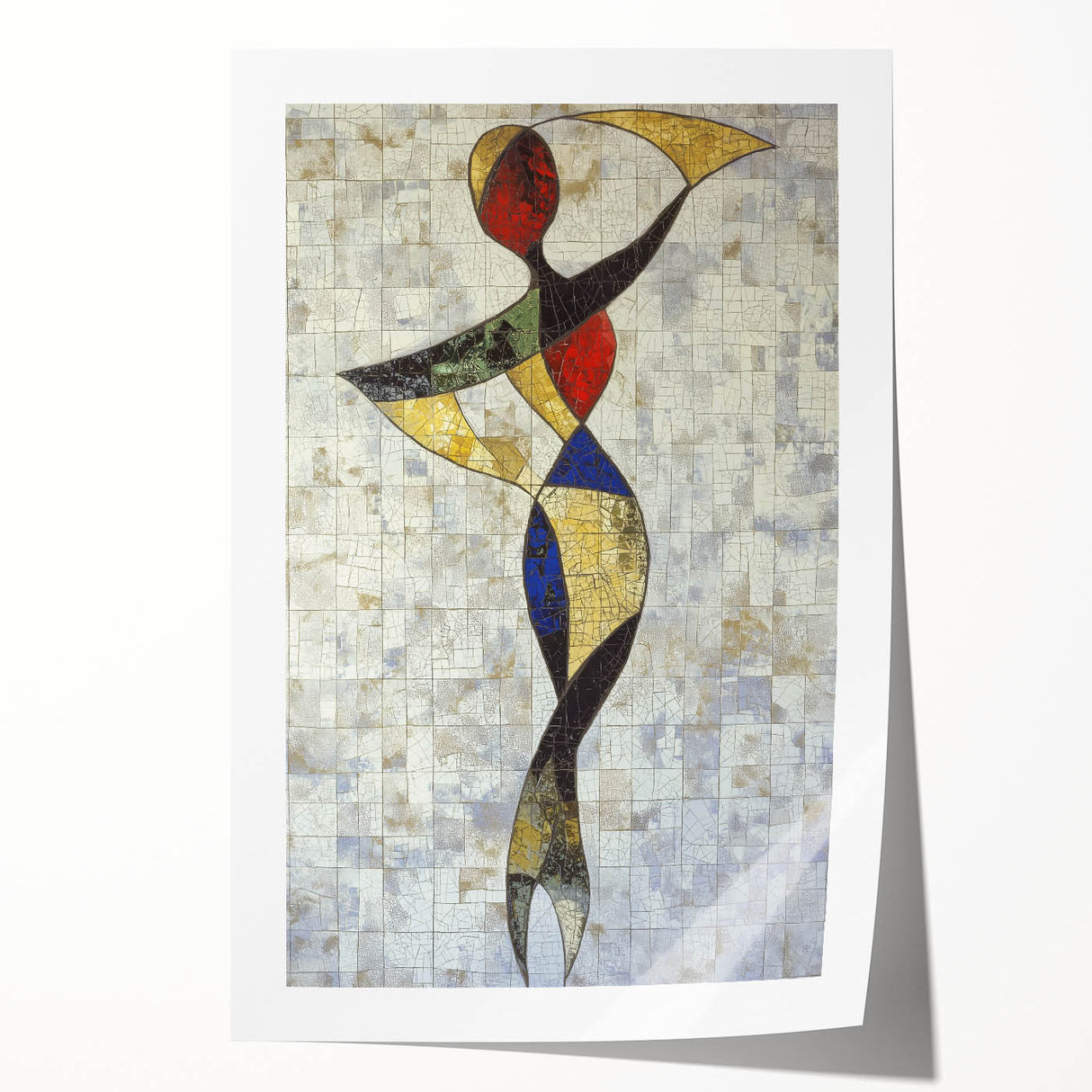 Abstract figurative rolled print showcasing vibrant colors and dynamic shapes, perfect for modern decor. Packaged securely in a sturdy cardboard tube.