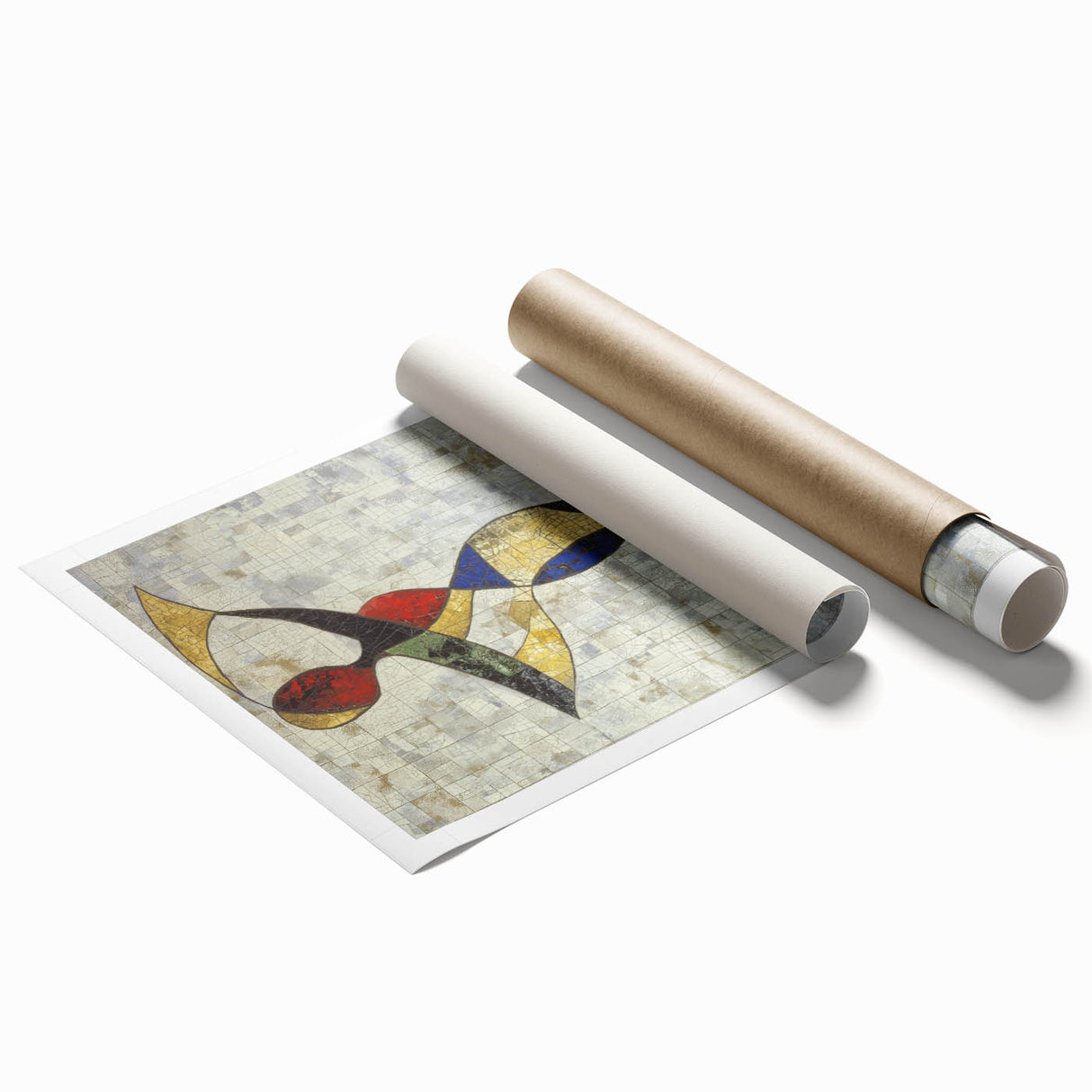 Abstract figurative art print showcasing vibrant colors and fluid shapes, rolled for shipping in a protective tube, ideal for modern interior decor.