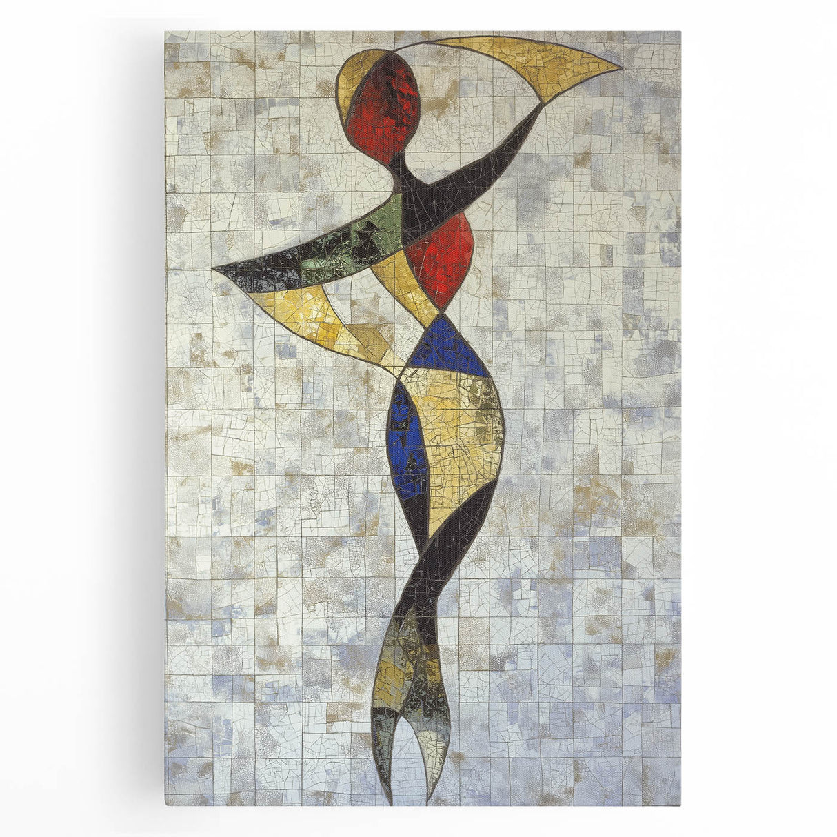 Abstract figurative art on stretched canvas showcasing vibrant colors and dynamic shapes, ideal for contemporary home decor. Perfect for adding a modern touch to any room.