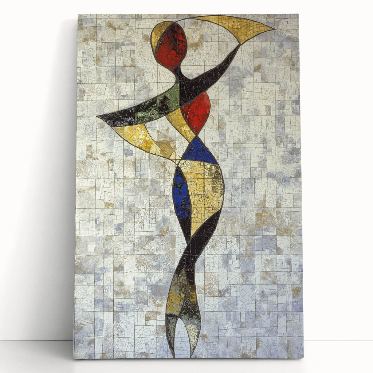 Abstract figurative stretched canvas art piece, showcasing vibrant colors and dynamic shapes, leaning against a neutral wall, perfect for modern decor.