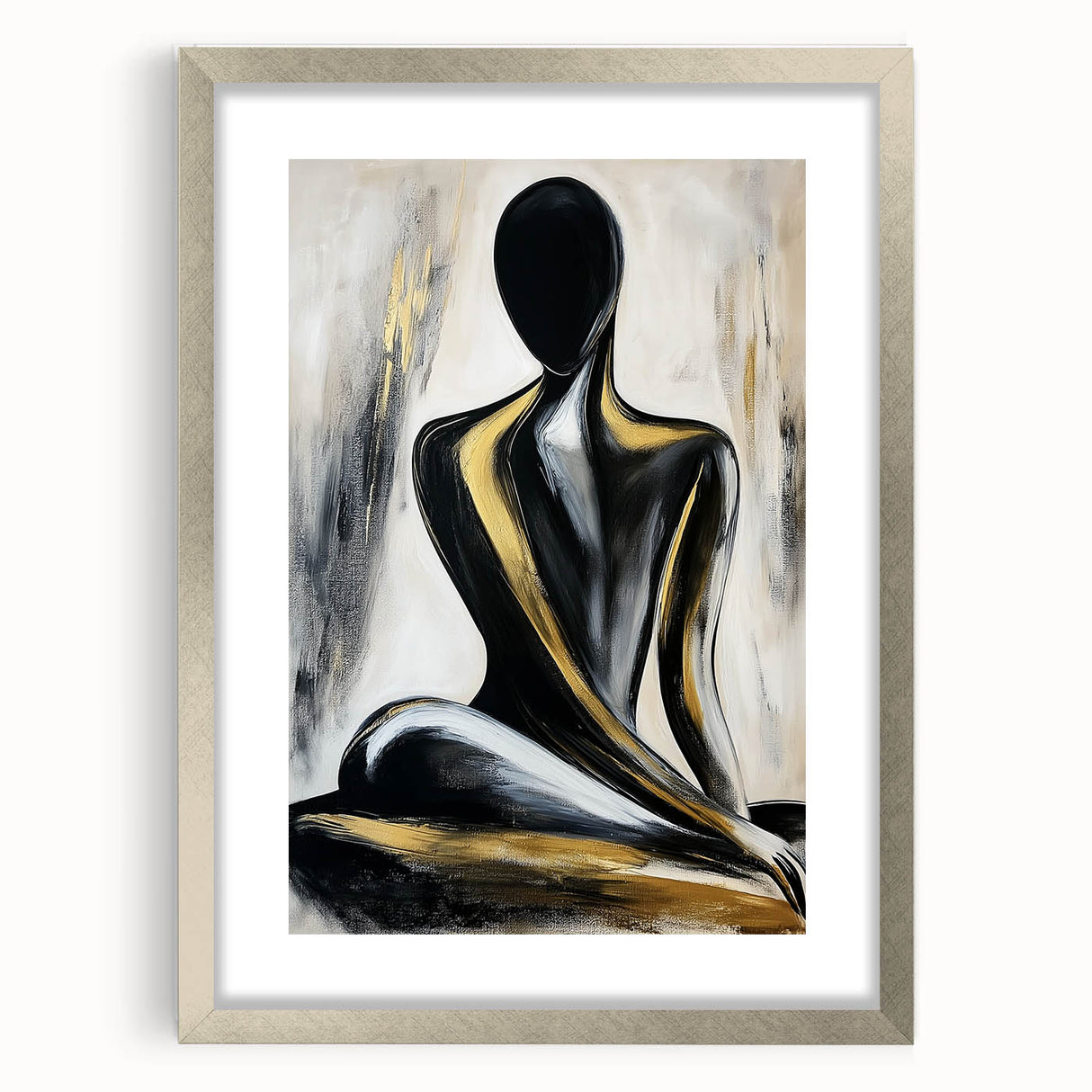 Abstract figurative frame in silver with a mat, showcasing a modern art piece. The front view highlights its sleek design, perfect for contemporary decor.
