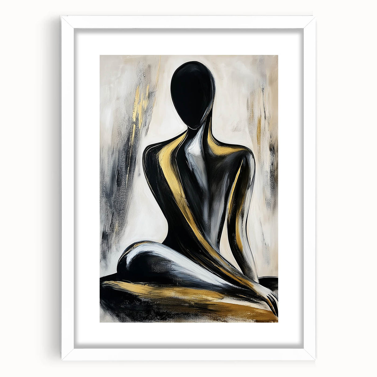 Abstract figurative artwork framed in white mat, showcasing vibrant colors and dynamic shapes, perfect for modern home decor or art enthusiasts.