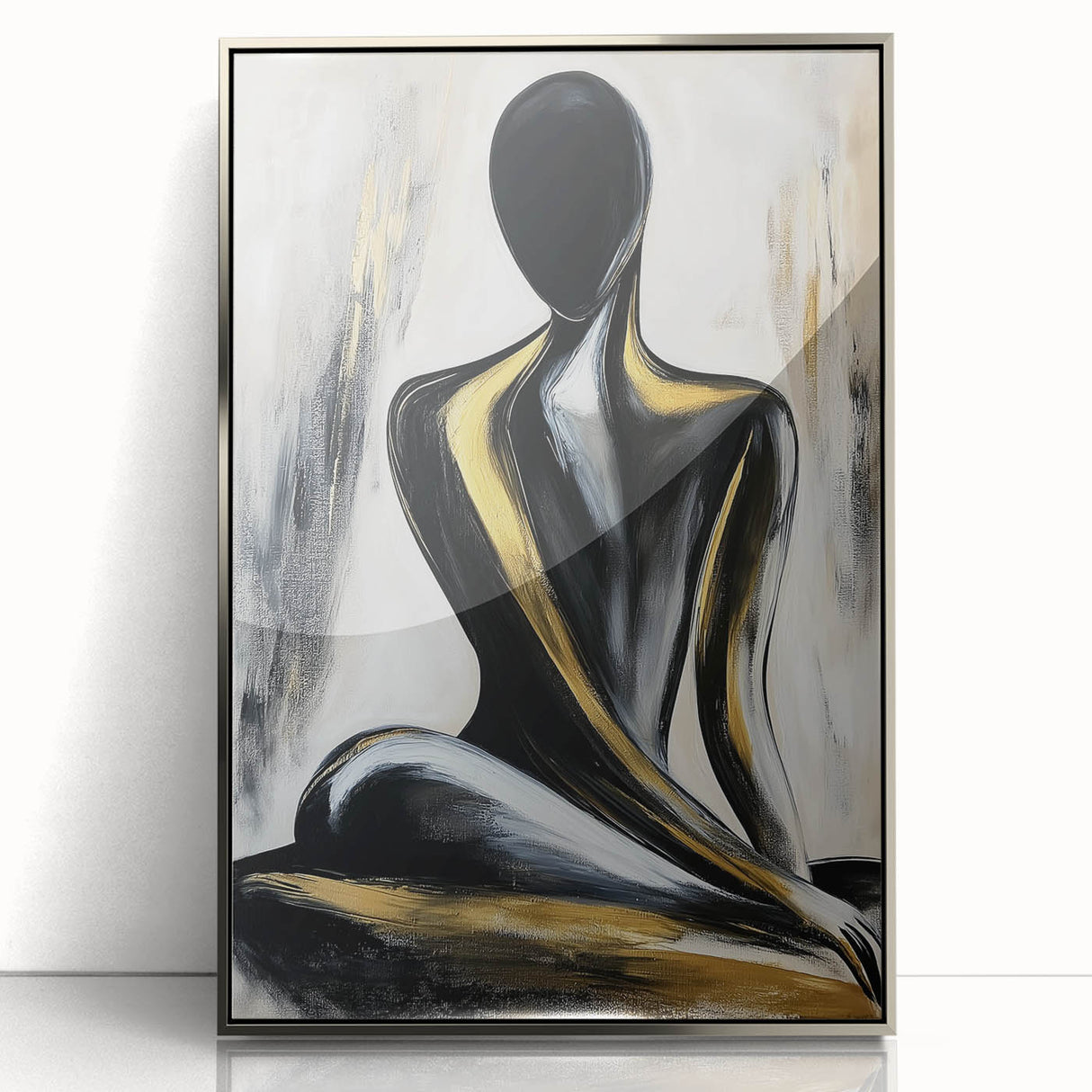 Framed acrylic artwork showcasing an abstract figurative design with silver accents, perfect for modern home decor. Ideal for adding a contemporary touch to living spaces.