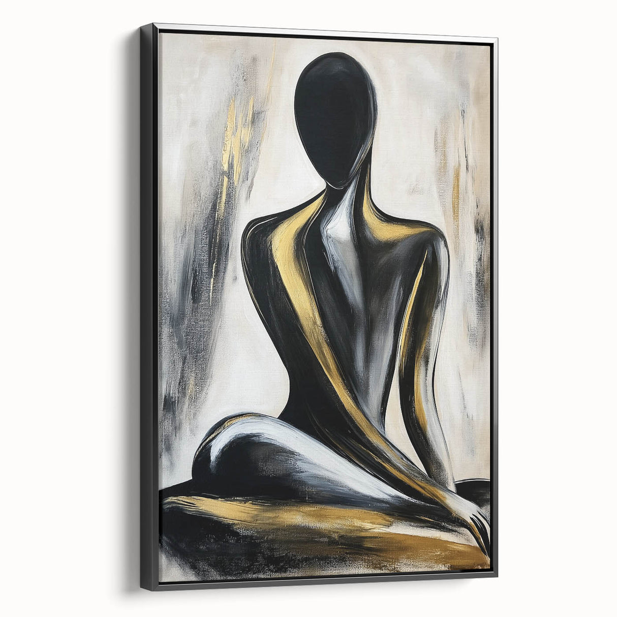 Framed abstract figurative canvas artwork presented from a black side view, showcasing vibrant colors and intricate patterns, ideal for modern home decor.