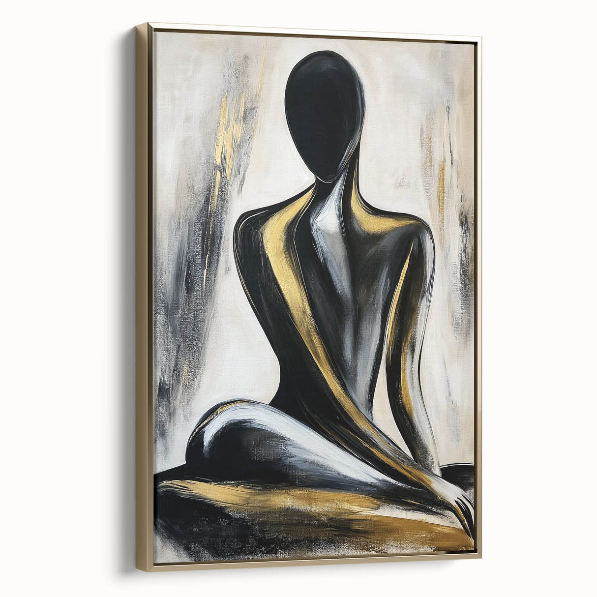 Framed canvas artwork showcasing an abstract figurative design with gold accents, displayed from a side view, ideal for modern home decor or art collections.