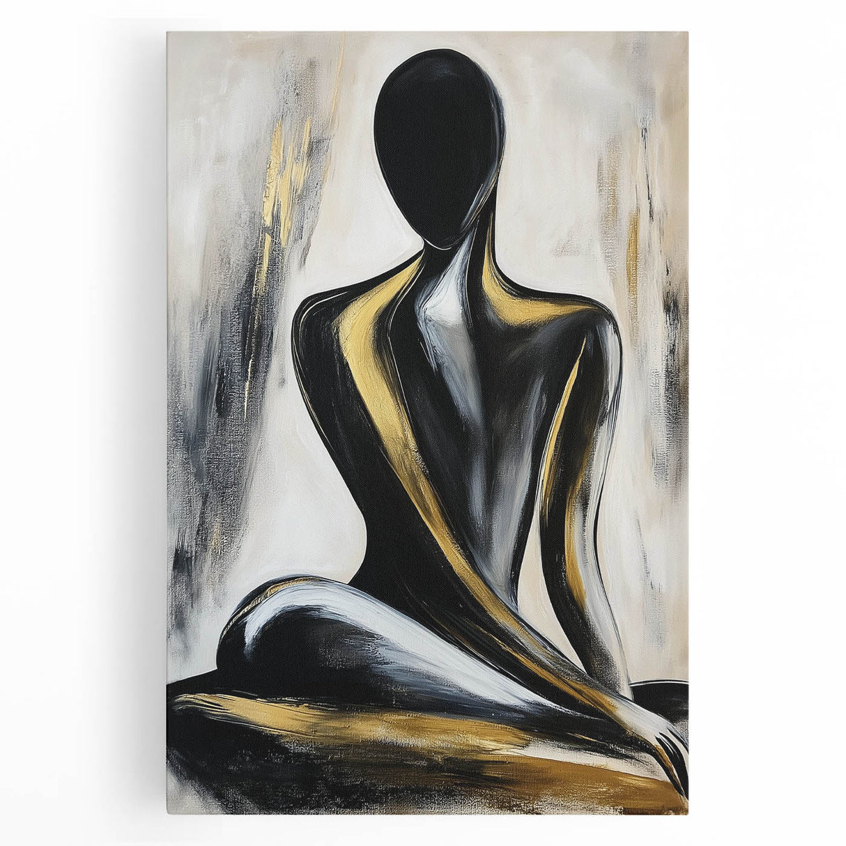 Abstract figurative stretched canvas artwork showcasing vibrant colors and dynamic shapes, ideal for modern home decor, displayed against a neutral background.