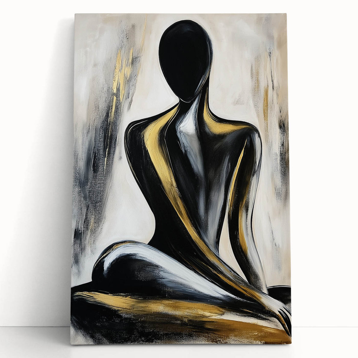 Abstract figurative stretched canvas artwork featuring vibrant colors and dynamic shapes, leaning against a textured wall, ideal for modern home decor.
