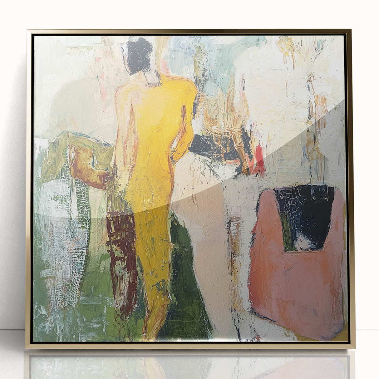 Framed abstract figurative artwork in gold acrylic, showcasing a modern design with fluid shapes and warm tones, ideal for contemporary decor.