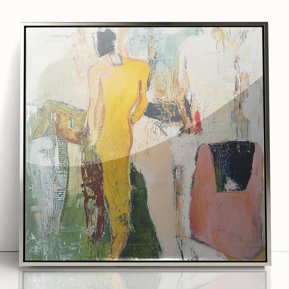 Framed abstract figurative artwork in silver acrylic, highlighting dynamic shapes and muted colors, ideal for modern home decor and artistic expression.