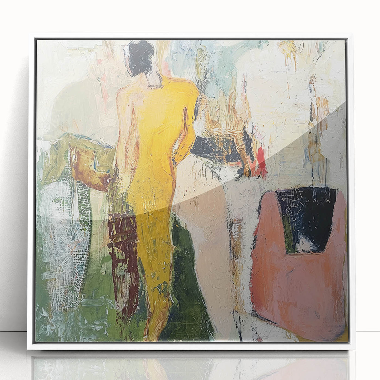 Framed abstract figurative art piece featuring vivid colors on a white background, showcasing dynamic shapes and forms, perfect for modern home decor enhancement.