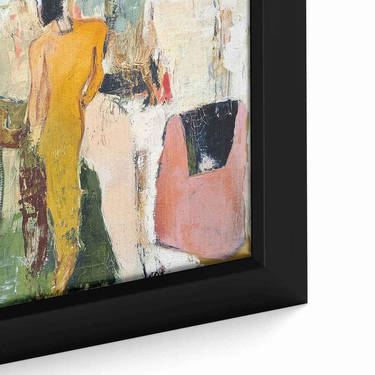 Close-up of an abstract figurative framed canvas art piece showcasing bold colors and intricate textures, perfect for modern home decor and artistic expression.