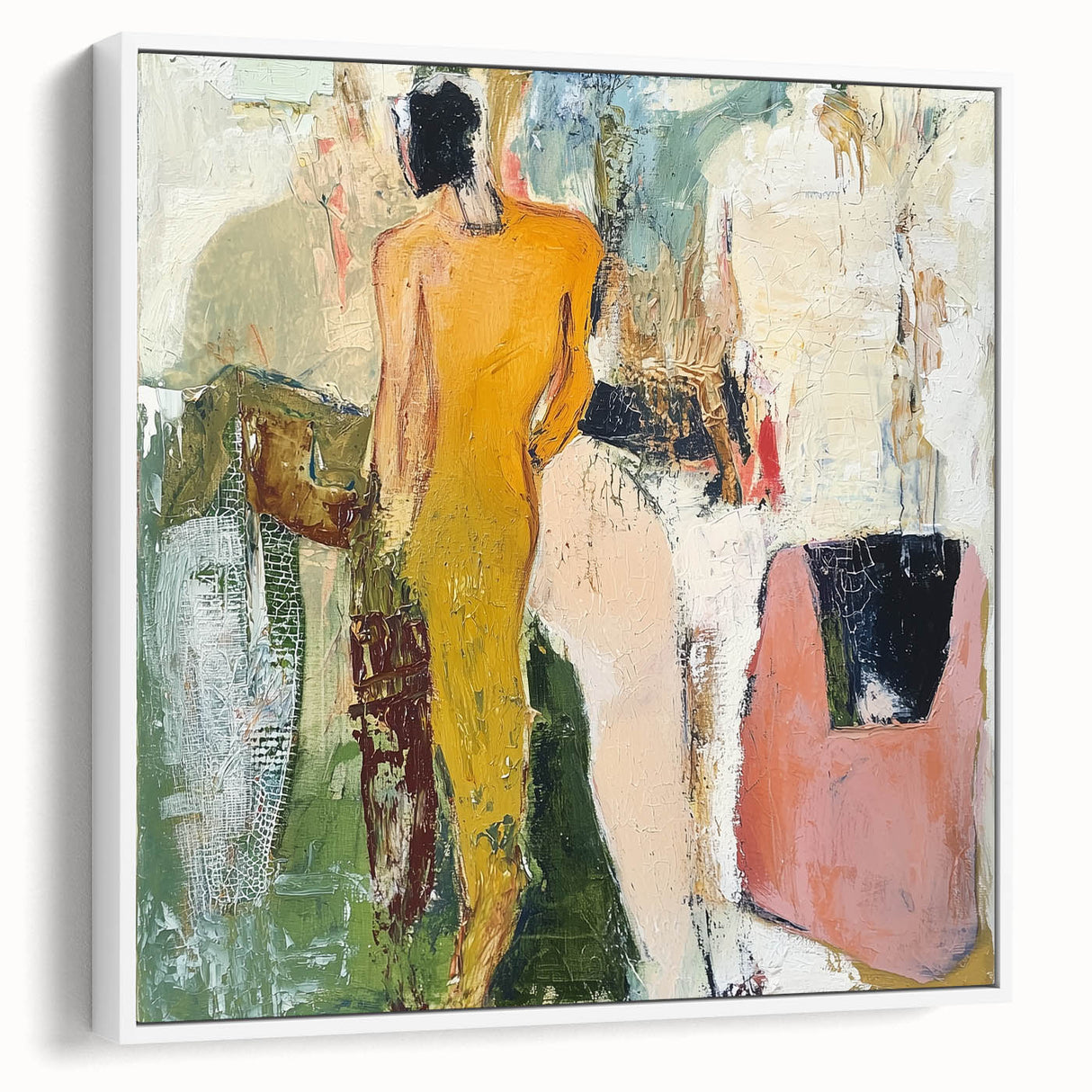 Framed abstract figurative canvas artwork in a sleek white frame, showcasing vibrant colors and dynamic shapes, perfect for modern home decor.