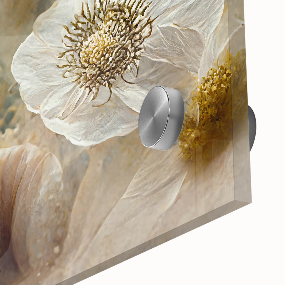 Close-up of vibrant abstract floral wall art printed on acrylic glass, featuring bold colors and intricate patterns, ideal for modern home décor.