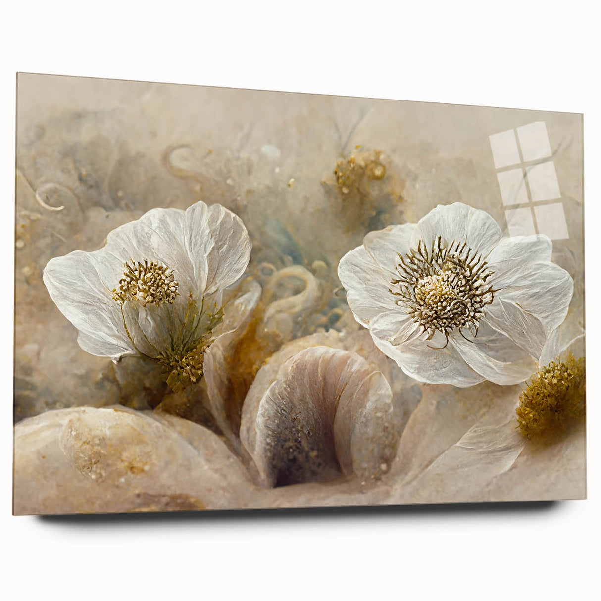 Abstract floral wall art displayed in a sleek acrylic glass frame, showcasing vibrant colors and intricate patterns, ideal for modern home decor.