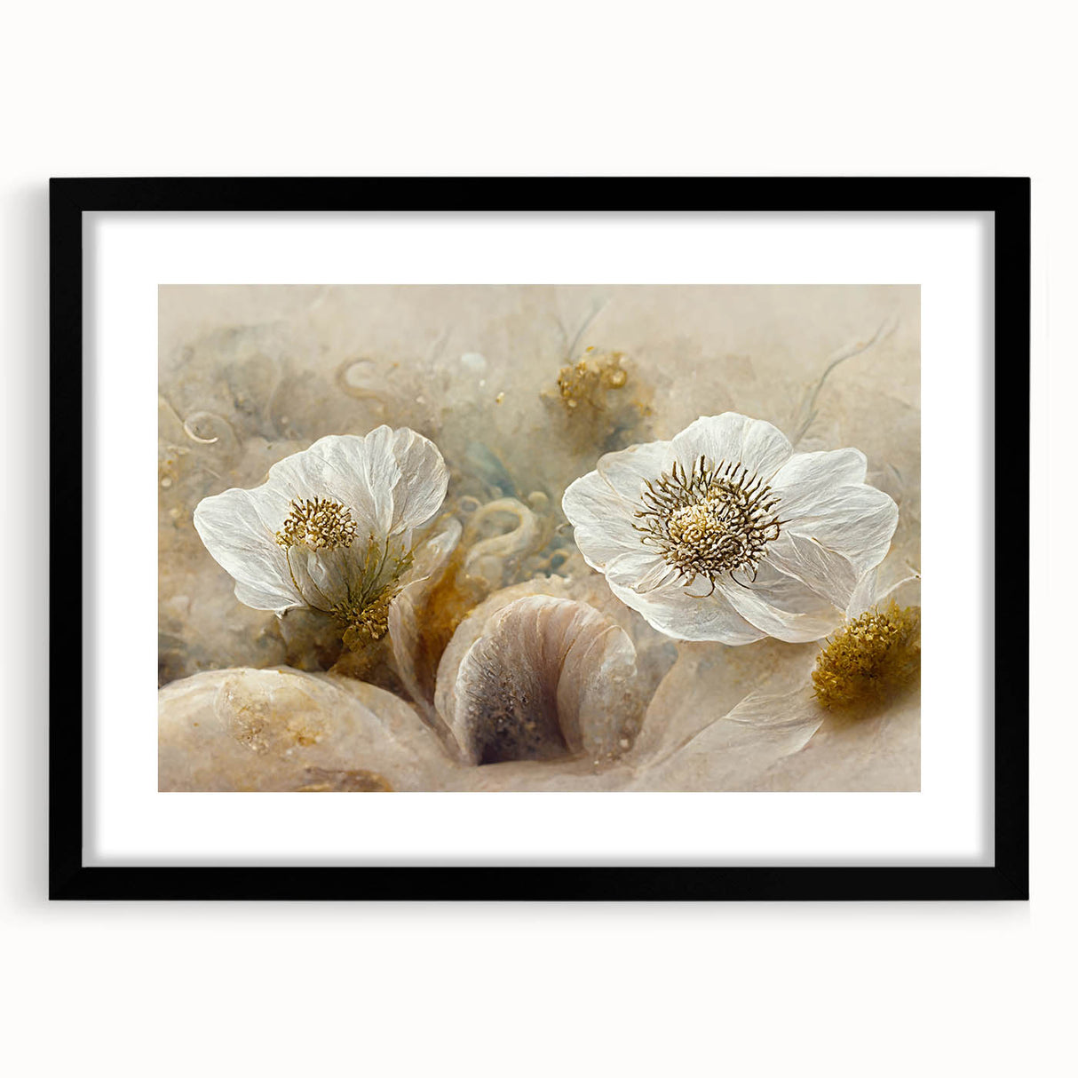 Abstract floral wall art framed in black with a mat, showcasing vibrant colors and intricate designs, perfect for modern home decor. Ideal for adding elegance to any room.