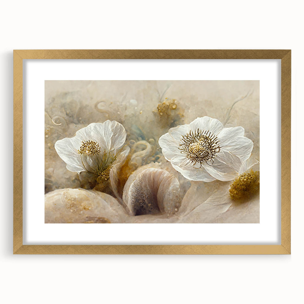 Abstract floral wall art framed in gold, showcasing vibrant colors and intricate designs, perfect for modern home decor or gallery walls. Ideal for adding elegance to any space.